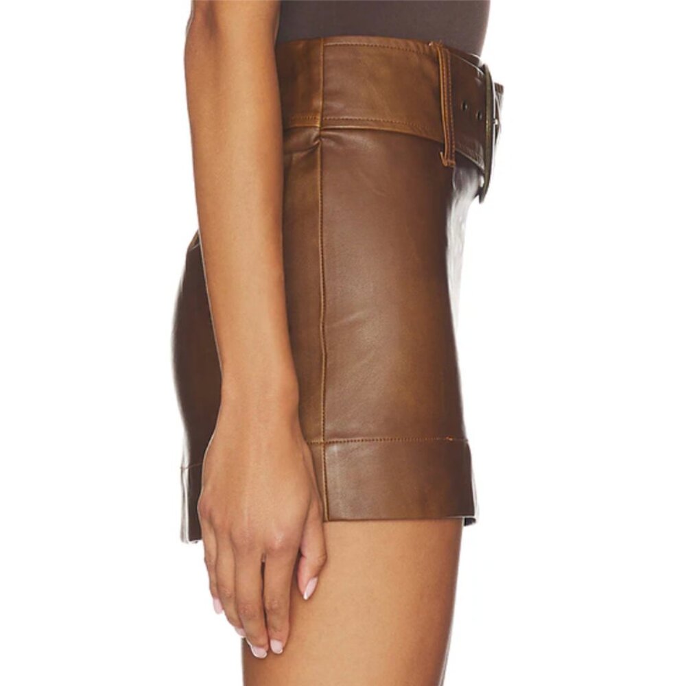 NEW Show Me Your Mumu Maverick Mini Skirt Chestnut Brown Faux Leather Belted - Picture 3 of 8